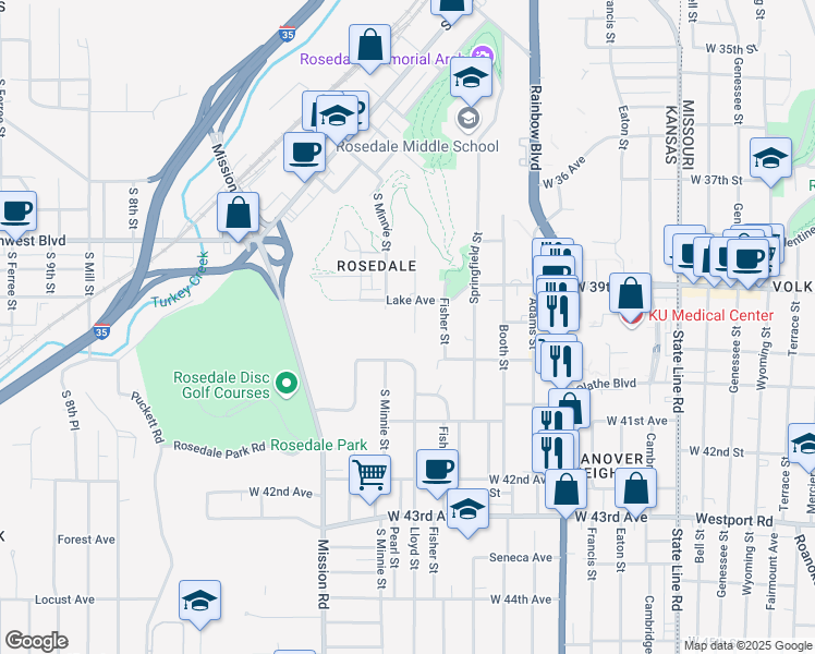 map of restaurants, bars, coffee shops, grocery stores, and more near 3914 Lloyd Street in Kansas City