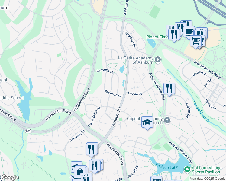 map of restaurants, bars, coffee shops, grocery stores, and more near 20250 Millstead Drive in Ashburn
