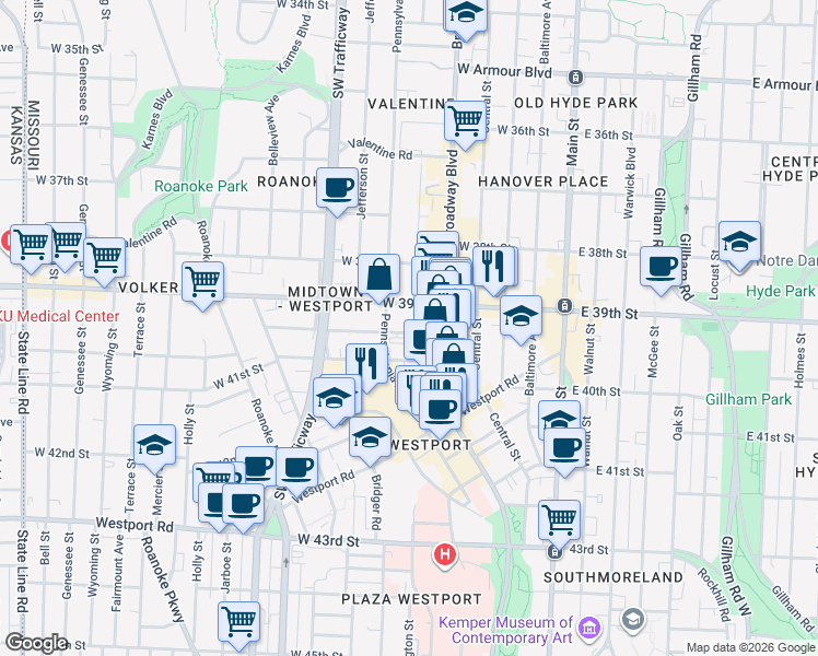 map of restaurants, bars, coffee shops, grocery stores, and more near 3917 Washington Street in Kansas City