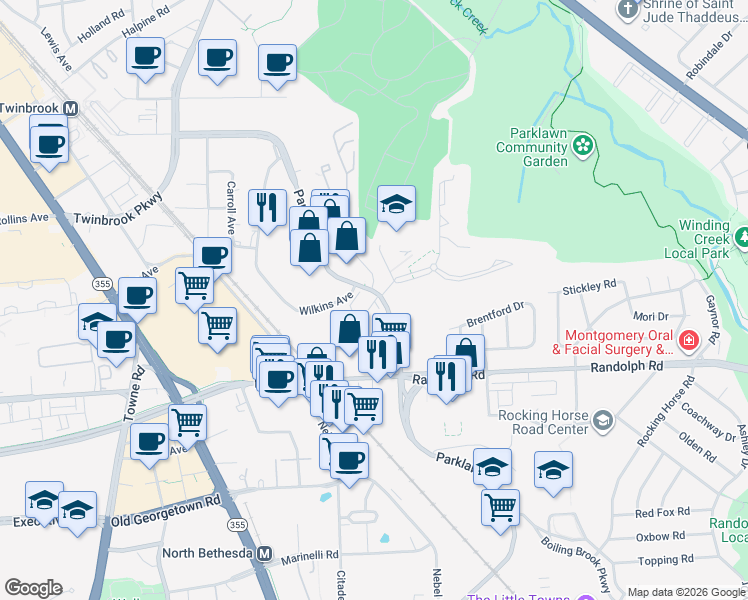 map of restaurants, bars, coffee shops, grocery stores, and more near 12040 Parklawn Drive in Rockville
