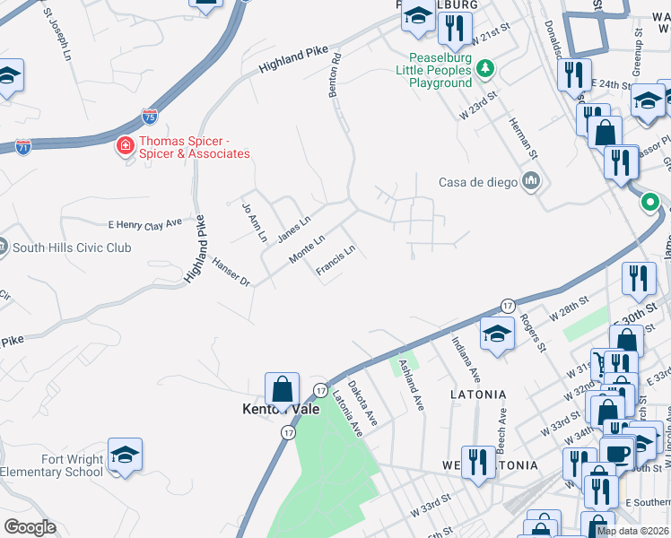 map of restaurants, bars, coffee shops, grocery stores, and more near 717 Tower Place in Covington