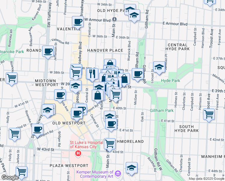 map of restaurants, bars, coffee shops, grocery stores, and more near 300 East 39th Street in Kansas City