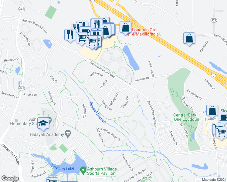 map of restaurants, bars, coffee shops, grocery stores, and more near 20234 Seneca Square in Ashburn