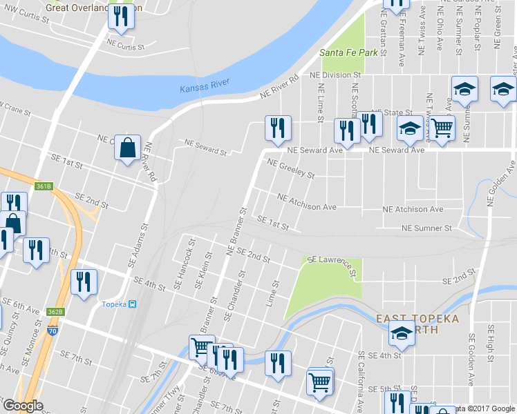 map of restaurants, bars, coffee shops, grocery stores, and more near 113 Northeast Chandler Street in Topeka