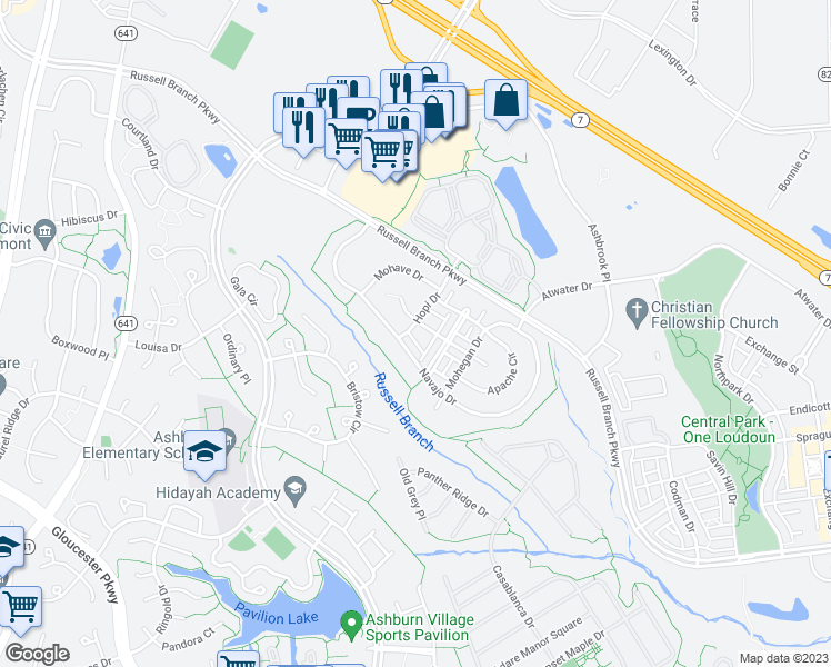 map of restaurants, bars, coffee shops, grocery stores, and more near 44251 Huron Terrace in Ashburn