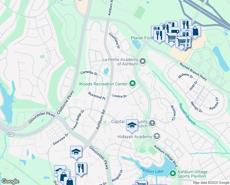 map of restaurants, bars, coffee shops, grocery stores, and more near 20243 Birdsnest Place in Ashburn