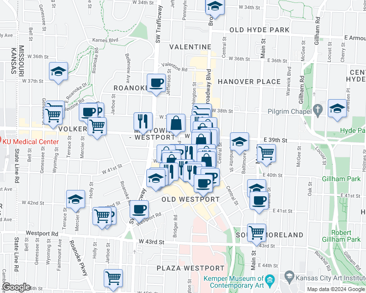 map of restaurants, bars, coffee shops, grocery stores, and more near 524 West 39th Terrace in Kansas City