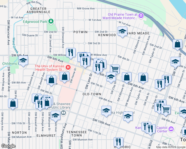 map of restaurants, bars, coffee shops, grocery stores, and more near 619 SW Lincoln St in Topeka