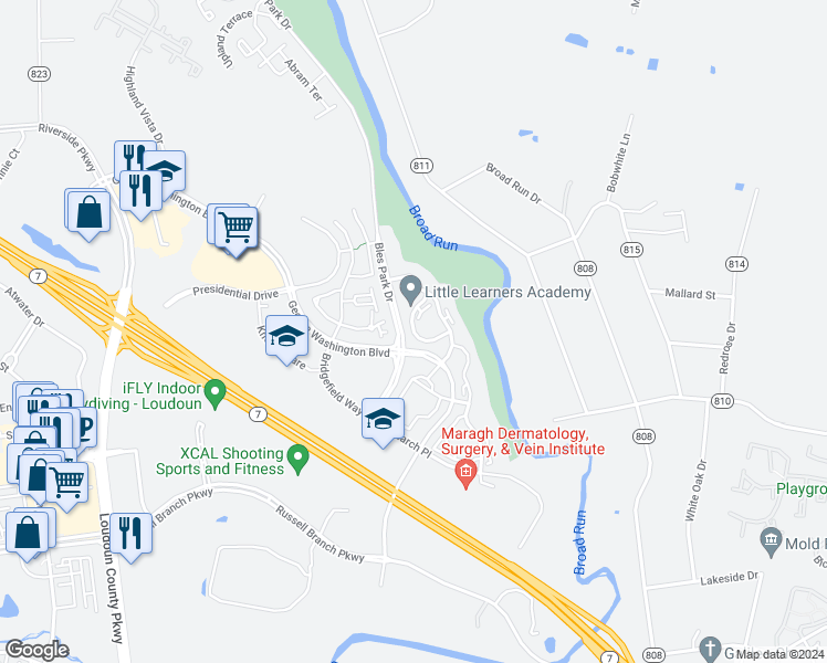 map of restaurants, bars, coffee shops, grocery stores, and more near 45166 Waterpointe Terrace in Ashburn