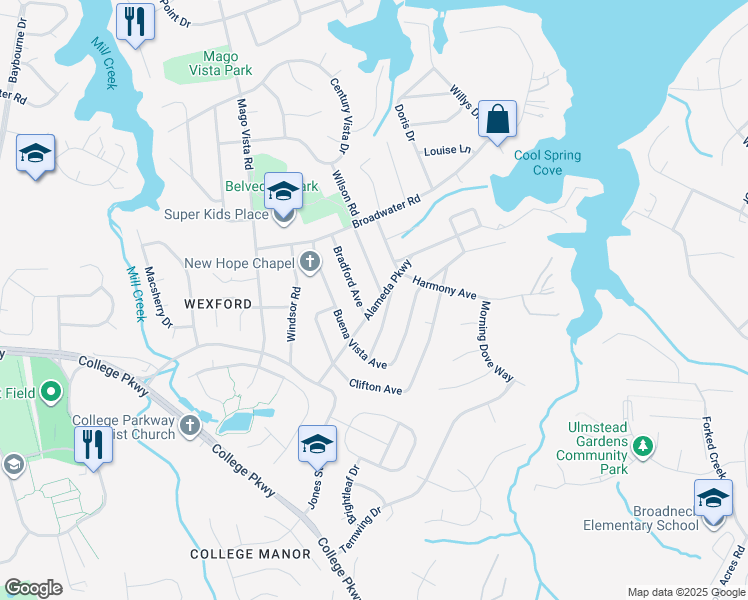 map of restaurants, bars, coffee shops, grocery stores, and more near 322 Alameda Parkway in Arnold