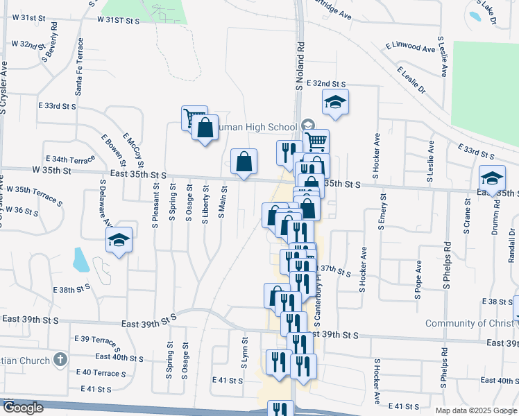 map of restaurants, bars, coffee shops, grocery stores, and more near 13851 East 35th Street Court South in Independence