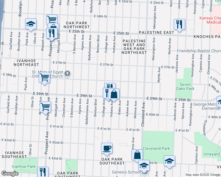 map of restaurants, bars, coffee shops, grocery stores, and more near 3839 College Avenue in Kansas City