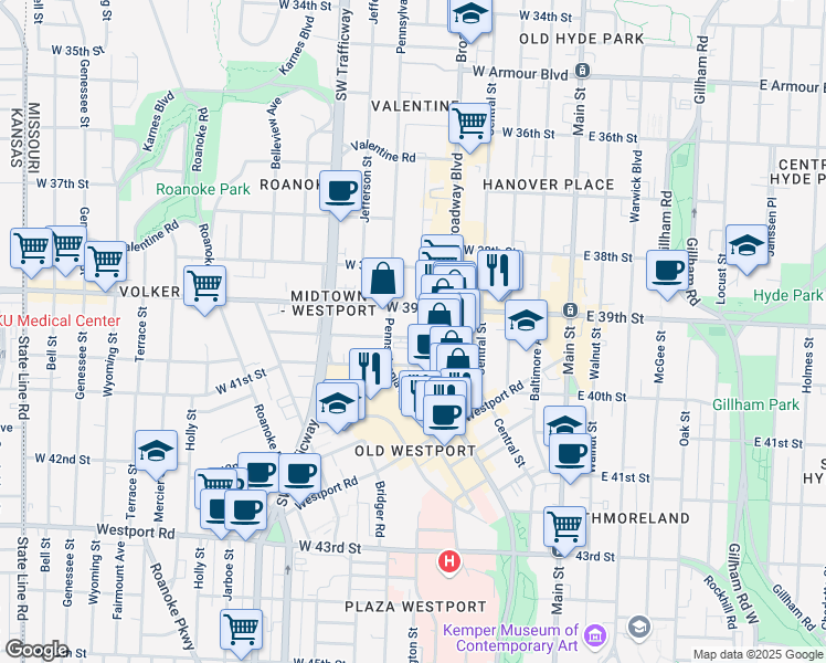 map of restaurants, bars, coffee shops, grocery stores, and more near 3917 Washington Street in Kansas City