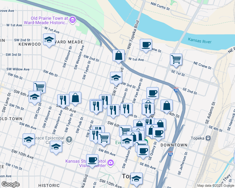map of restaurants, bars, coffee shops, grocery stores, and more near 410 Southwest Topeka Boulevard in Topeka