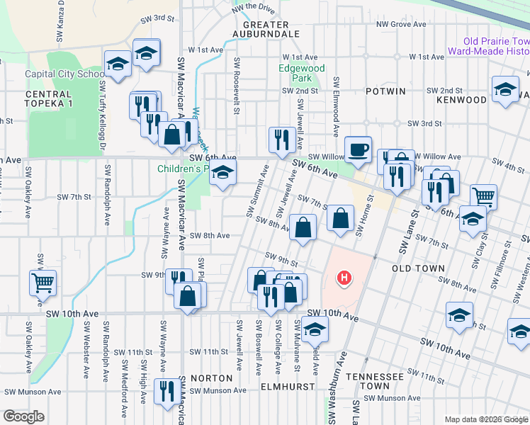 map of restaurants, bars, coffee shops, grocery stores, and more near 804 Southwest Lindenwood Avenue in Topeka