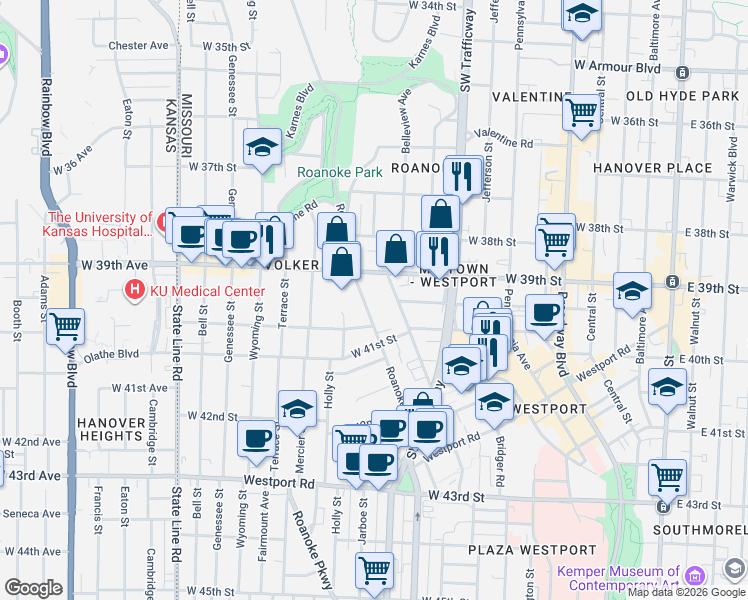map of restaurants, bars, coffee shops, grocery stores, and more near 3944 Roanoke Road in Kansas City