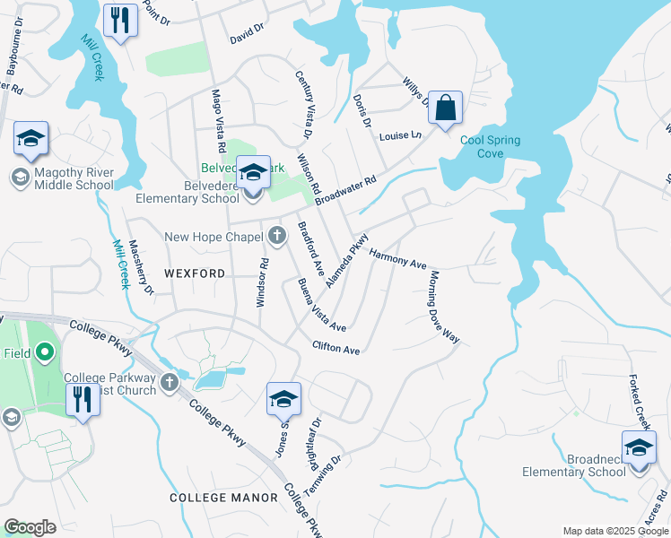 map of restaurants, bars, coffee shops, grocery stores, and more near 322 Alameda Parkway in Arnold