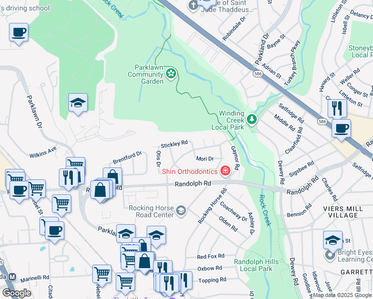 map of restaurants, bars, coffee shops, grocery stores, and more near 12120 Hunters Lane in Rockville