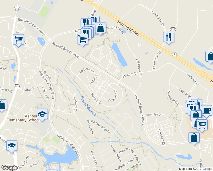 map of restaurants, bars, coffee shops, grocery stores, and more near 20243 Mohegan Drive in Ashburn
