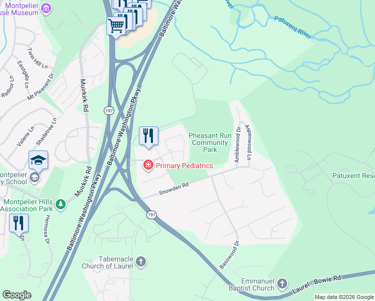 map of restaurants, bars, coffee shops, grocery stores, and more near 12017 Dove Circle in Laurel