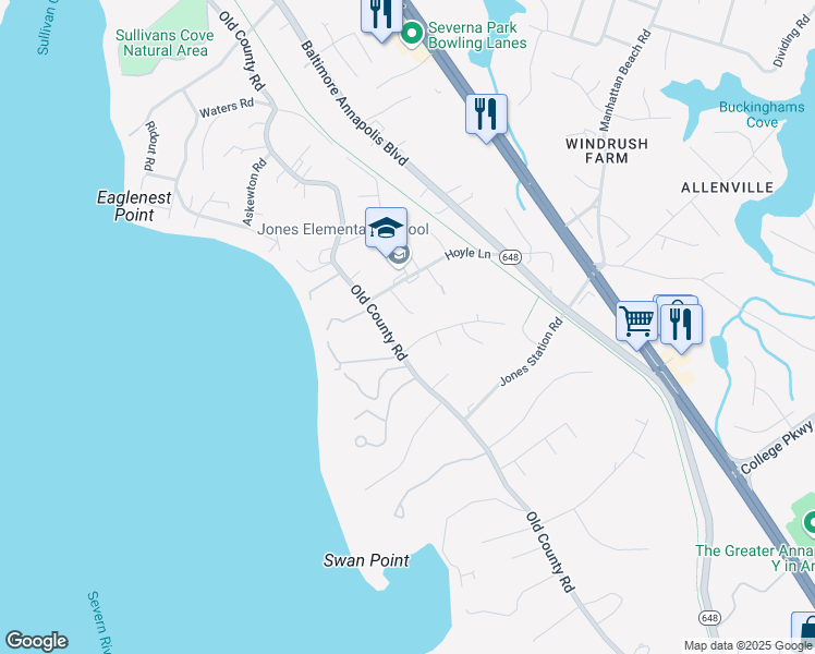 map of restaurants, bars, coffee shops, grocery stores, and more near 908 Country Terrace in Severna Park