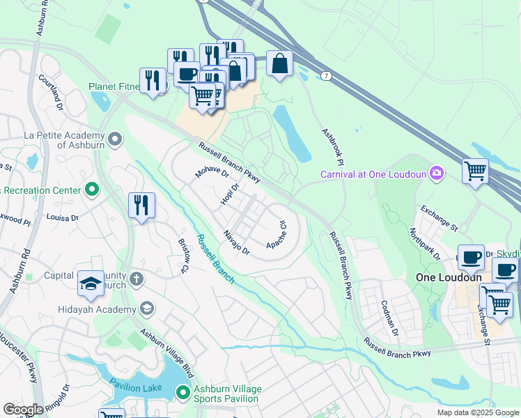 map of restaurants, bars, coffee shops, grocery stores, and more near 20243 Mohegan Drive in Ashburn