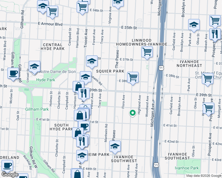 map of restaurants, bars, coffee shops, grocery stores, and more near 1338 East 39th Street in Kansas City