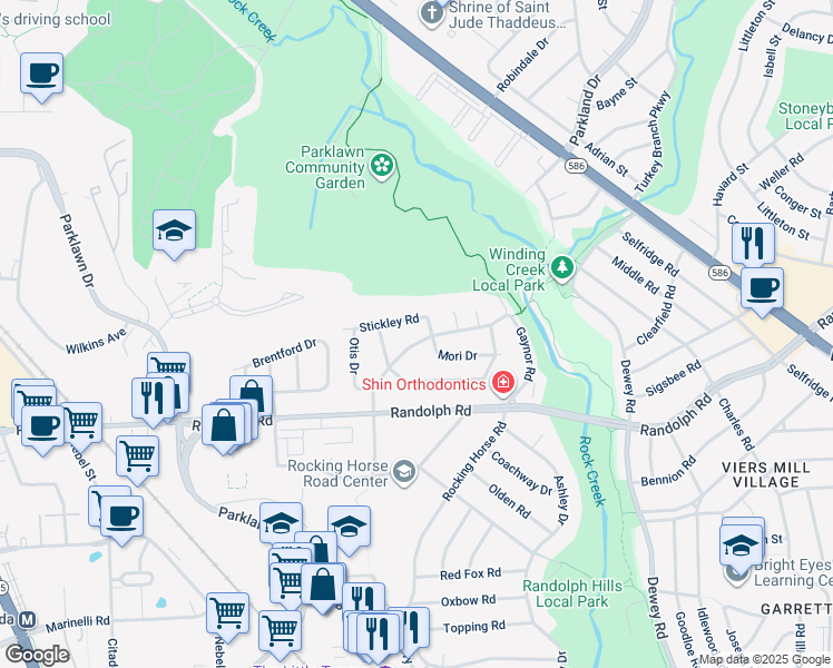 map of restaurants, bars, coffee shops, grocery stores, and more near 12120 Hunters Lane in Rockville