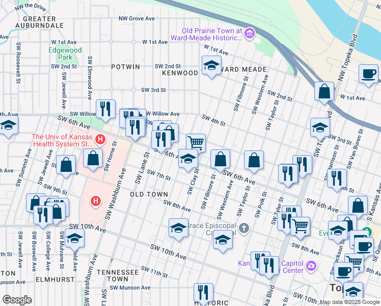 map of restaurants, bars, coffee shops, grocery stores, and more near 1100 Southwest 6th Avenue in Topeka