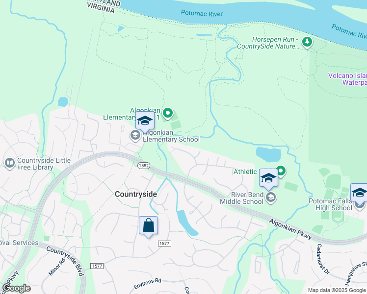 map of restaurants, bars, coffee shops, grocery stores, and more near 20 Griswold Court in Sterling