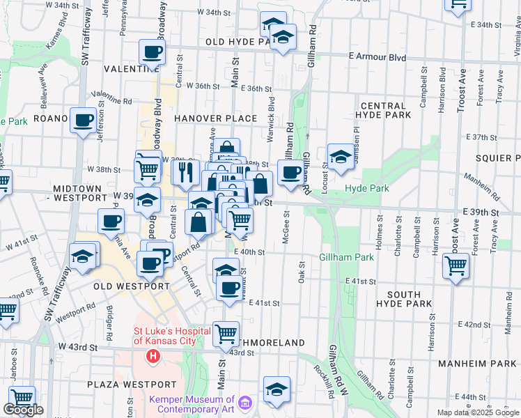 map of restaurants, bars, coffee shops, grocery stores, and more near 3924 Warwick Boulevard in Kansas City