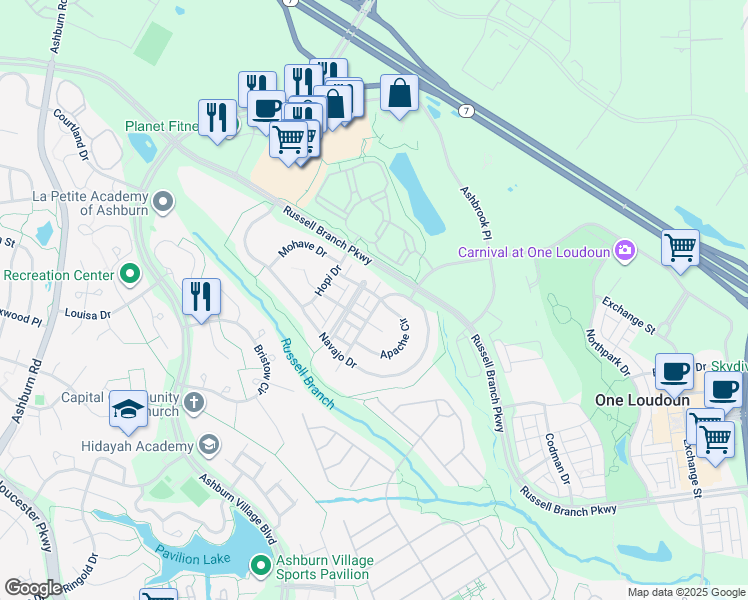 map of restaurants, bars, coffee shops, grocery stores, and more near 20241 Mohegan Drive in Ashburn