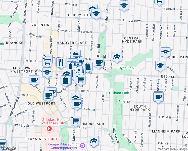 map of restaurants, bars, coffee shops, grocery stores, and more near 3918 McGee Street in Kansas City
