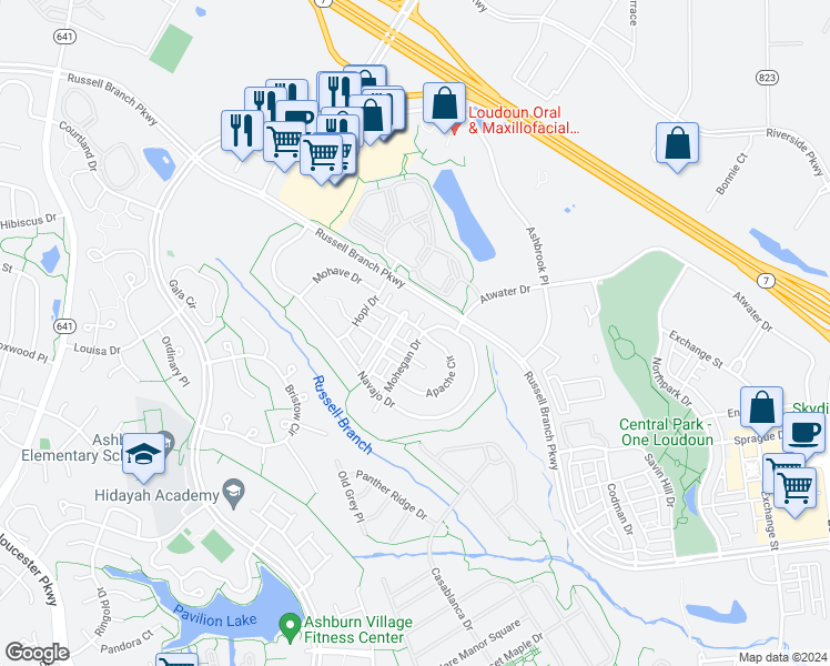 map of restaurants, bars, coffee shops, grocery stores, and more near 20241 Mohegan Drive in Ashburn