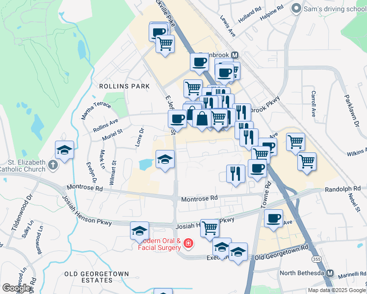 map of restaurants, bars, coffee shops, grocery stores, and more near 6040 California Circle in North Bethesda