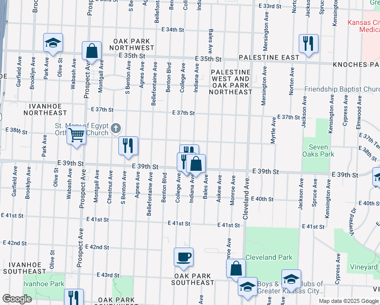 map of restaurants, bars, coffee shops, grocery stores, and more near 3839 College Avenue in Kansas City