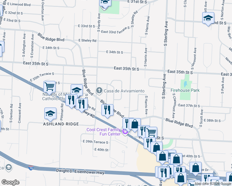 map of restaurants, bars, coffee shops, grocery stores, and more near 3630 South Hedges Avenue in Independence