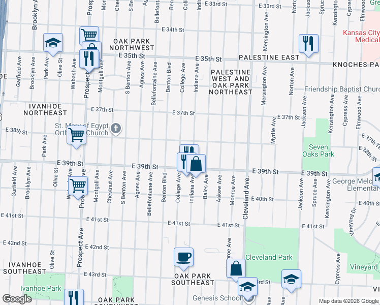 map of restaurants, bars, coffee shops, grocery stores, and more near 3839 College Avenue in Kansas City