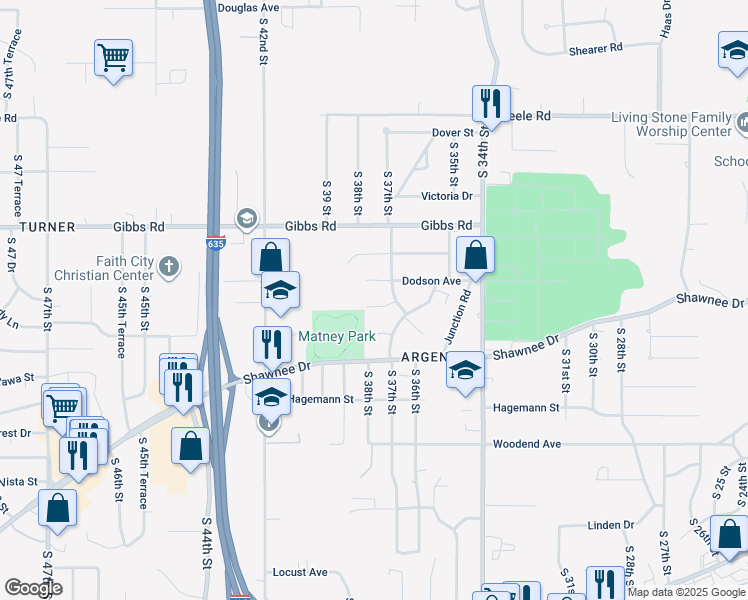 map of restaurants, bars, coffee shops, grocery stores, and more near 3719 Harmony Drive in Kansas City