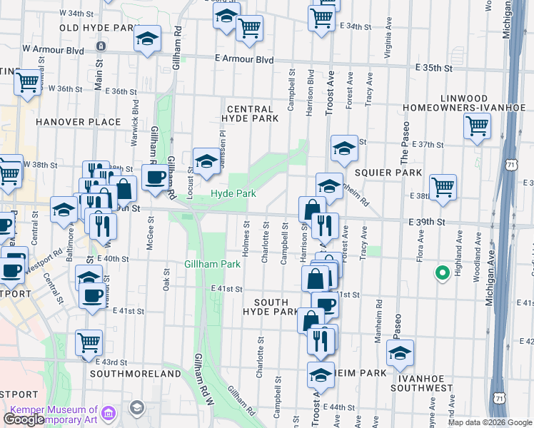 map of restaurants, bars, coffee shops, grocery stores, and more near East 39th Street & Charlotte Street in Kansas City
