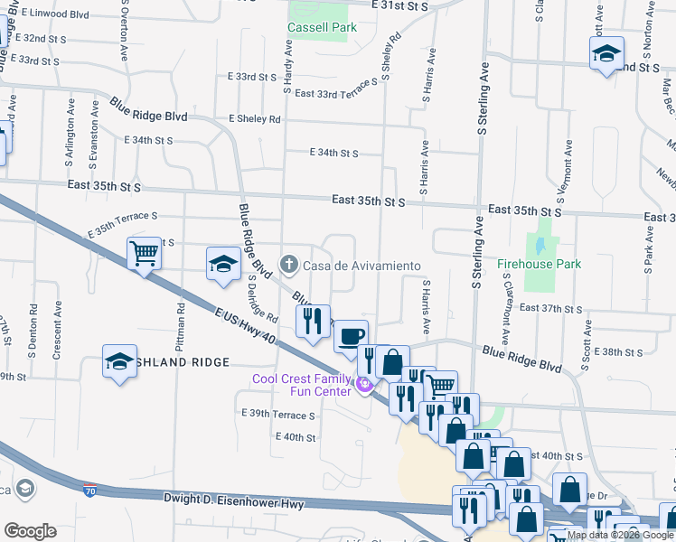map of restaurants, bars, coffee shops, grocery stores, and more near 3630 South Hedges Avenue in Independence