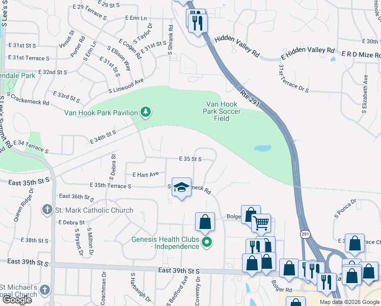 map of restaurants, bars, coffee shops, grocery stores, and more near 3504 South Atherton Avenue in Independence