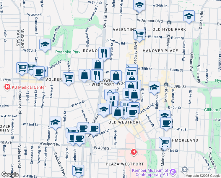 map of restaurants, bars, coffee shops, grocery stores, and more near 618 West 39th Terrace in Kansas City