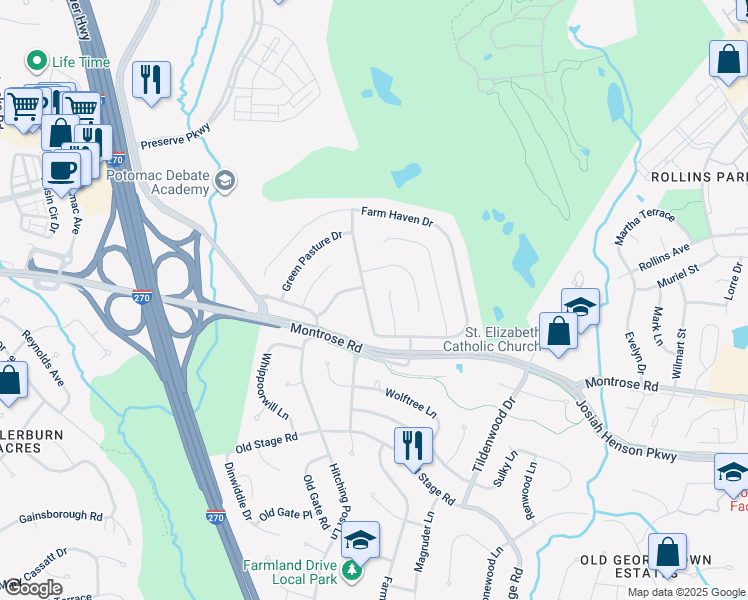 map of restaurants, bars, coffee shops, grocery stores, and more near 917 Farm Haven Drive in Rockville