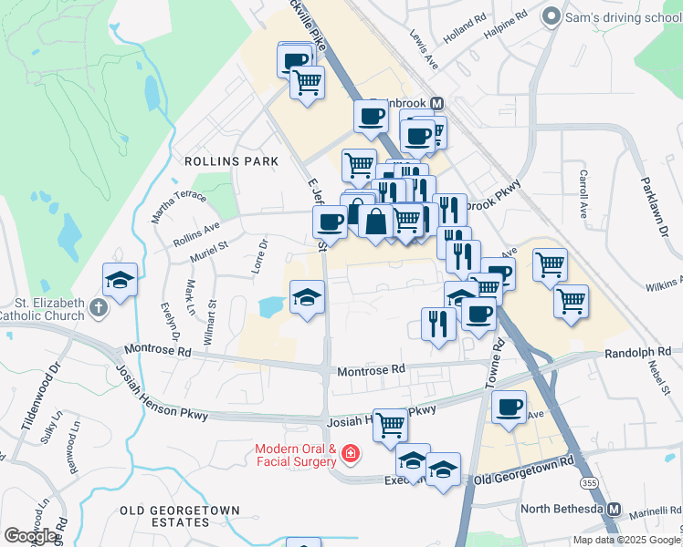 map of restaurants, bars, coffee shops, grocery stores, and more near 6040 California Circle in North Bethesda