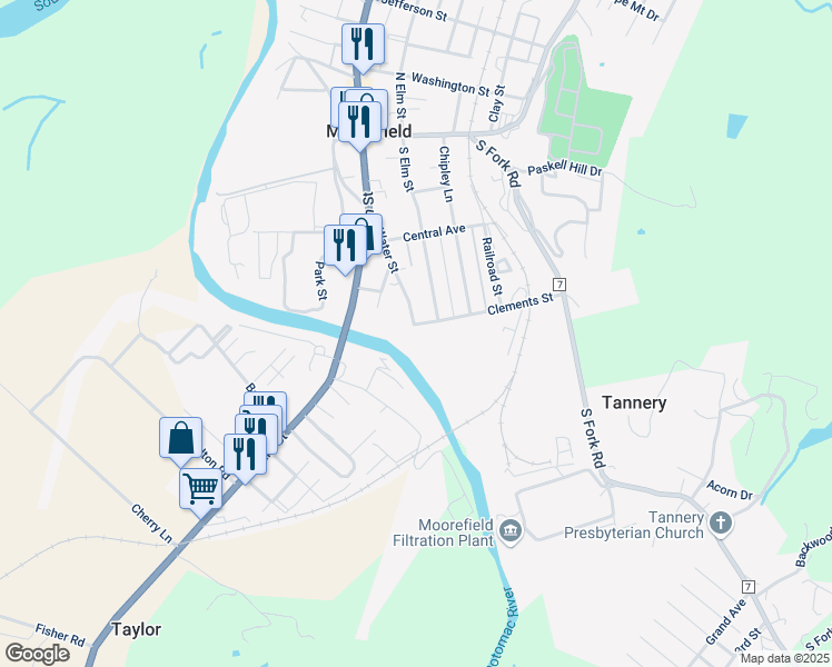 map of restaurants, bars, coffee shops, grocery stores, and more near 203 Clements Street in Moorefield
