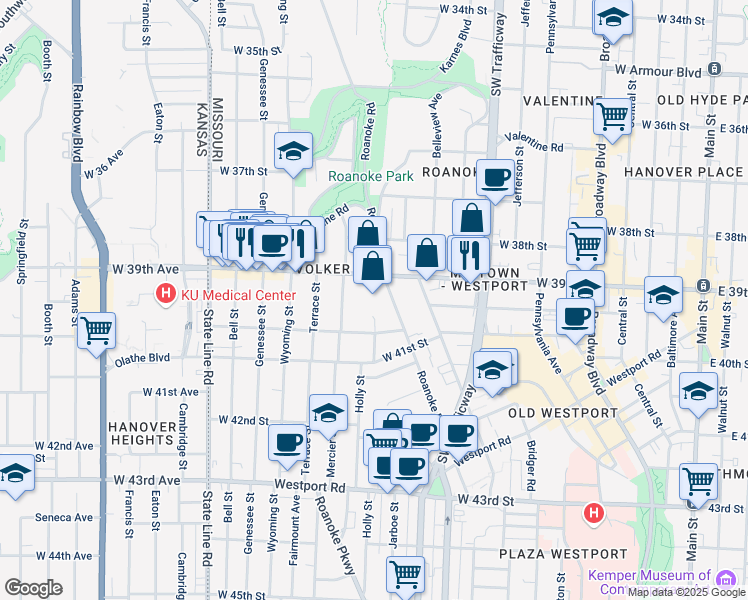 map of restaurants, bars, coffee shops, grocery stores, and more near 1202 West 40th Street in Kansas City