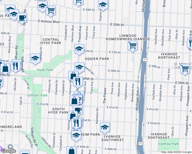 map of restaurants, bars, coffee shops, grocery stores, and more near 1337 East 39th Street in Kansas City