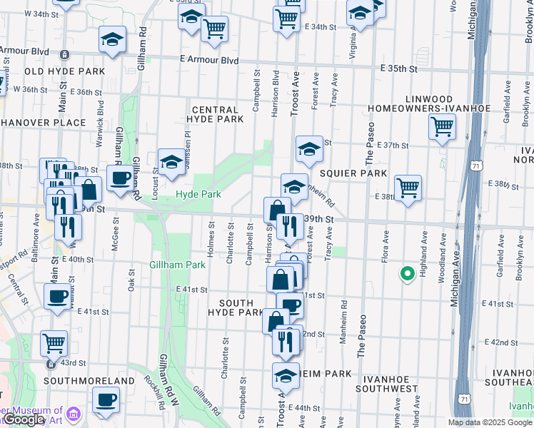 map of restaurants, bars, coffee shops, grocery stores, and more near 916 East 39th Street in Kansas City