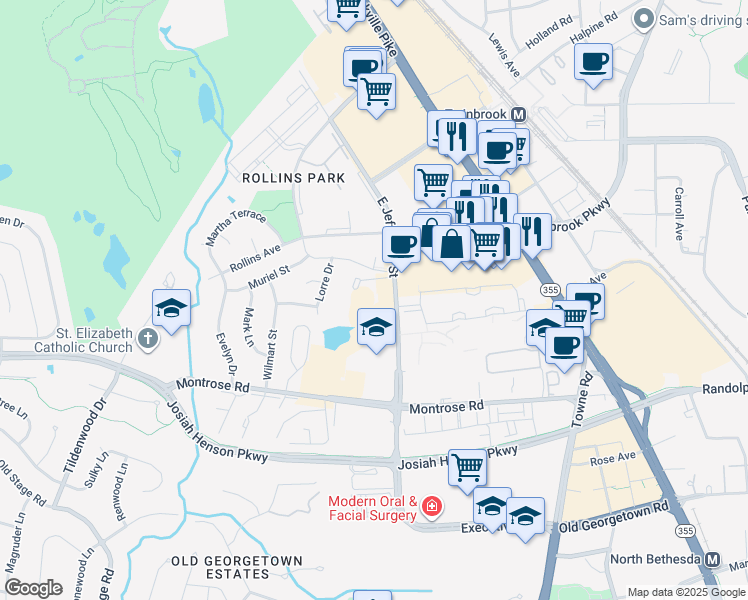 map of restaurants, bars, coffee shops, grocery stores, and more near 1801 East Jefferson Street in Rockville